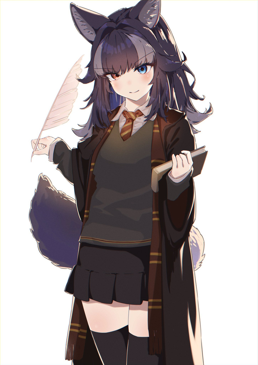 1girl 910m27r alternate_costume animal_ears black_coat black_hair black_legwear black_skirt blue_eyes blush book coat collared_shirt cowboy_shot eyebrows_visible_through_hair grey_hair grey_sweater grey_wolf_(kemono_friends) gryffindor halloween harry_potter_(series) heterochromia highres kemono_friends long_hair long_sleeves multicolored_hair necktie pleated_skirt quill red_necktie scarf shirt skirt solo striped_necktie sweater tail thighhighs white_hair white_shirt wolf_ears wolf_girl wolf_tail yellow_eyes zettai_ryouiki