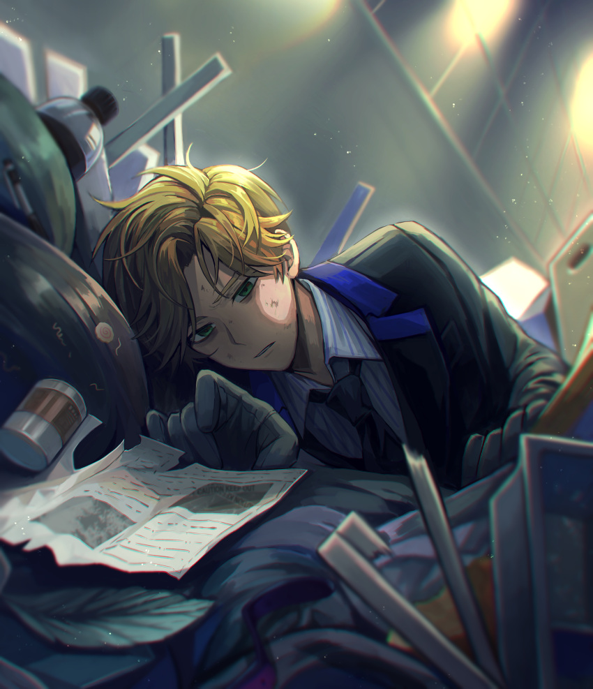 1boy absurdres black_jacket black_necktie blonde_hair blue_jacket bottle character_request check_character commentary_request formal gloves grey_gloves highres jacket long_sleeves lying male_focus matsuno_chifuyu messy_hair nanin necktie paper shiny shiny_hair shirt solo striped striped_shirt tokyo_revengers trash white_shirt