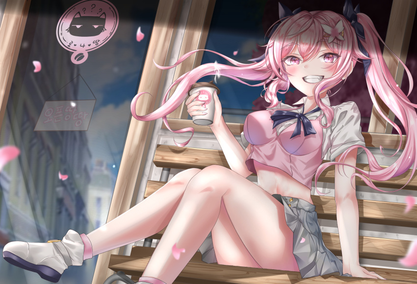 1girl bare_legs bow breasts byeoljagga cherry_blossoms crop_top crop_top_overhang cup disposable_cup grey_skirt grin hair_bow highres holding indie_virtual_youtuber long_hair looking_at_viewer medium_breasts midriff miniskirt pink_eyes pink_hair pink_shirt pleated_skirt ronarona shirt shoes short_sleeves sidelocks skirt smile socks solo thighs twintails undershirt virtual_youtuber white_shirt