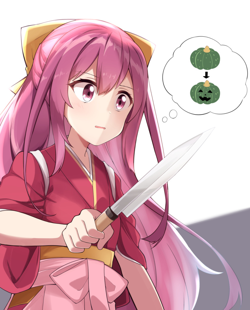 1girl acchii_(akina) blush commentary_request cowboy_shot eyebrows_visible_through_hair gradient_hair hair_ribbon hakama highres holding japanese_clothes kamikaze_(kancolle) kantai_collection kimono knife long_hair meiji_schoolgirl_uniform meme multicolored_hair open_mouth parody pink_hakama pumpkin purple_eyes purple_hair red_kimono ribbon solo tsukiji_uogashi_sandaime uniform yellow_ribbon