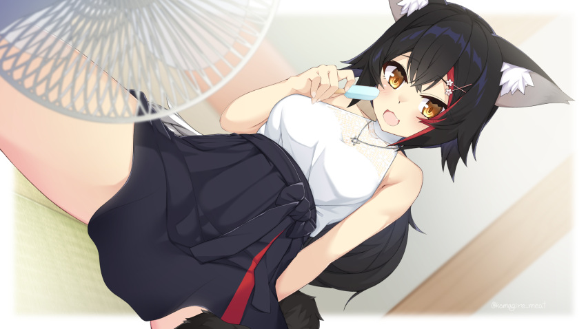 1girl animal_ear_fluff animal_ears arm_behind_back bangs black_hair black_skirt breasts commentary_request crossed_bangs electric_fan food hair_between_eyes hair_ornament hand_up highres holding holding_food hololive indoors jewelry long_hair looking_at_viewer medium_breasts multicolored_hair necklace ookami_mio open_mouth otaku_heishi pleated_skirt popsicle red_hair shirt skirt sleeveless sleeveless_shirt solo spread_legs streaked_hair tail tail_around_leg two-tone_hair virtual_youtuber white_shirt wolf_ears wolf_tail x_hair_ornament yellow_eyes