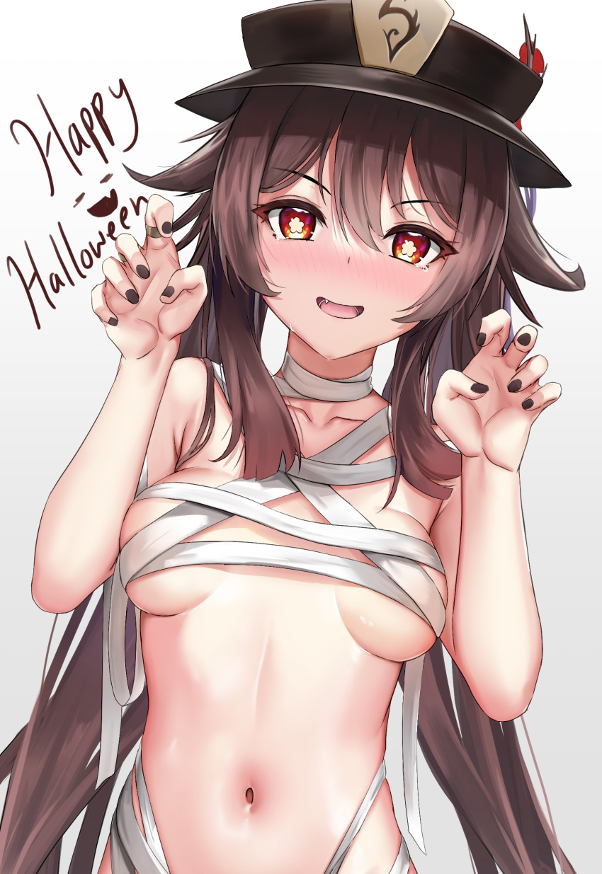 1girl absurdres bandages bare_shoulders black_headwear black_nails blush breasts brown_hair claw_pose collarbone english_text eyebrows_visible_through_hair fang flower genshin_impact grey_background hair_between_eyes happy_halloween hat highres hu_tao_(genshin_impact) jewelry long_hair looking_at_viewer medium_breasts nail_polish naked_bandage navel open_mouth red_eyes ring sidelocks simple_background skai_kun smile solo stomach symbol-shaped_pupils twintails underboob upper_body