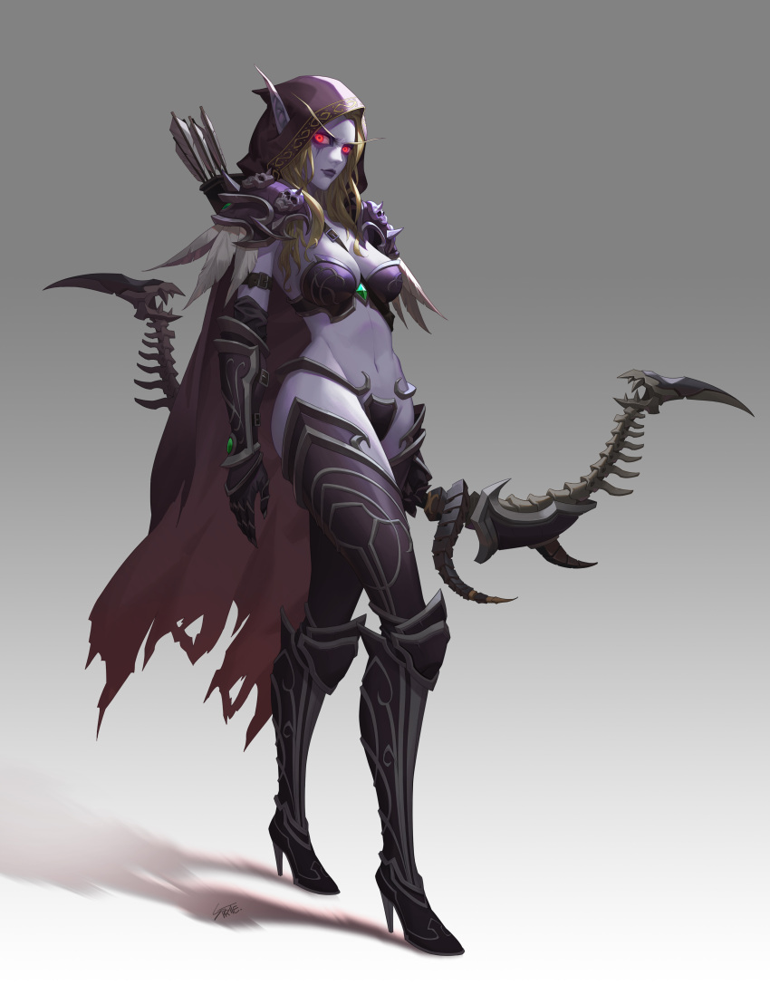 1girl absurdres armor bikini_armor blonde_hair boots bow cloak_removed colored_skin elf full_moon glowing glowing_eyes highres hood long_eyebrows midriff moon navel pointy_ears purple_skin quiver red_eyes shoulder_armor solo sylvanas_windrunner thigh_boots thighhighs undead warcraft world_of_warcraft