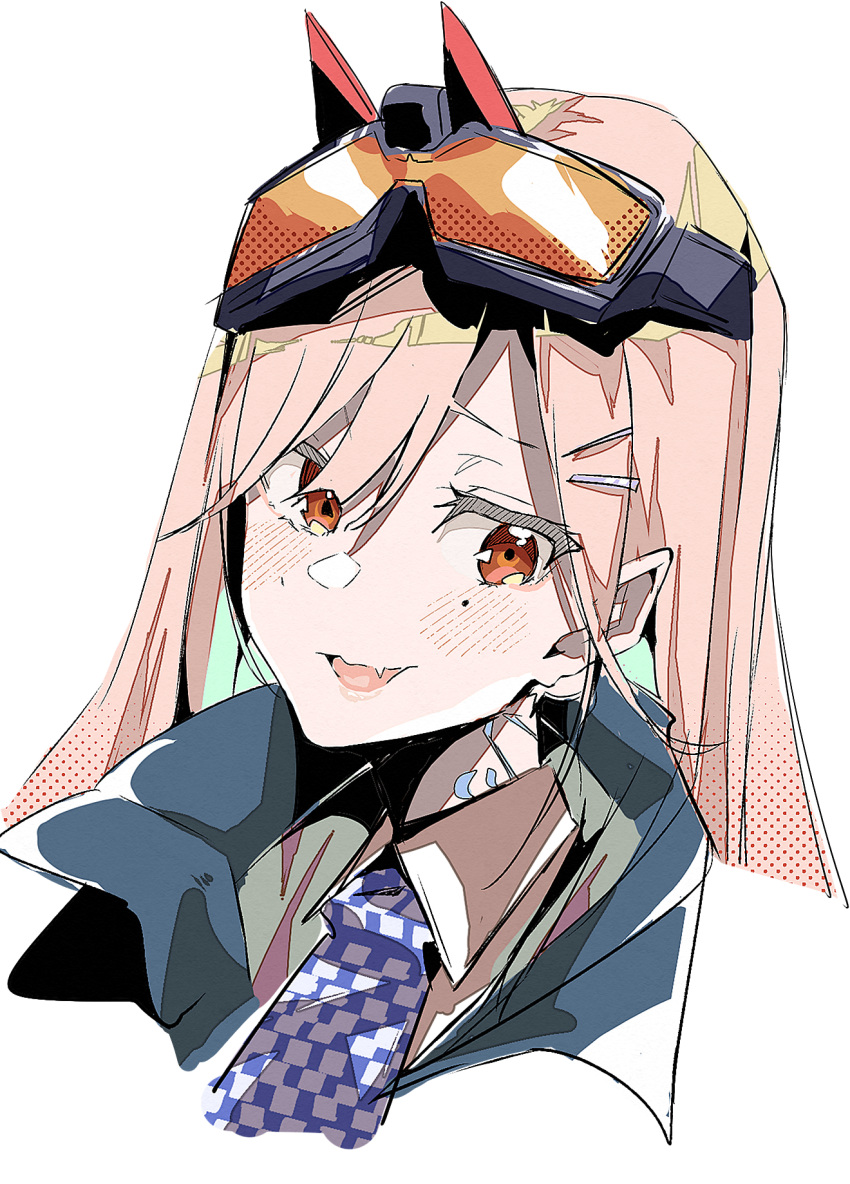 1girl :d blue_necktie checkered_necktie e_sky_rugo fang girls'_frontline goggles goggles_on_head highres long_hair looking_at_viewer mole mole_under_eye necktie orange-tinted_eyewear pink_hair portrait red_eyes sig_mcx_(girls'_frontline) simple_background skin_fang smile solo tinted_eyewear white_background