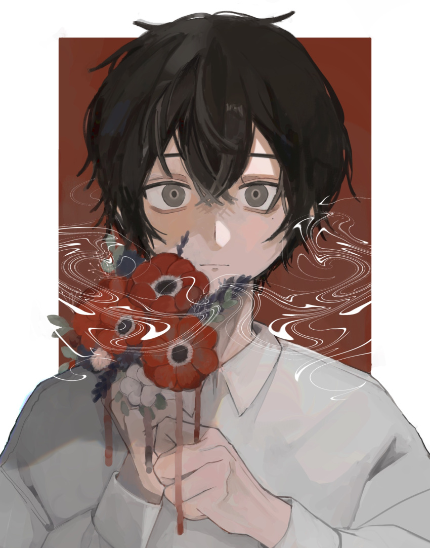1boy aoao_suke arms_up black_eyes black_hair collared_shirt expressionless flower framed hair_between_eyes highres holding holding_flower long_sleeves looking_at_viewer male_focus original poppy_(flower) shirt short_hair solo white_shirt