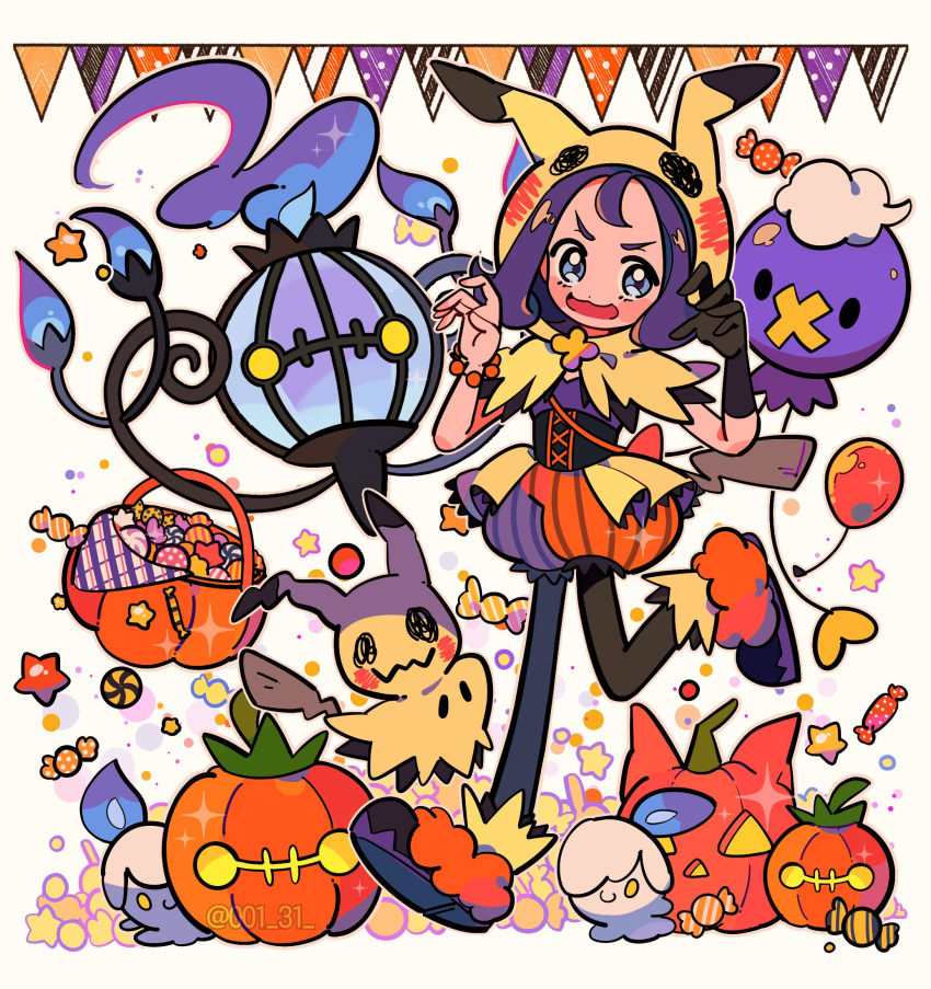 1girl acerola_(pokemon) balloon bangs bead_bracelet beads black_legwear blush_stickers bracelet capelet chandelure chueog commentary drifloon flipped_hair gloves halloween_bucket hands_up highres hood hooded_capelet jewelry leg_up legwear_under_shorts litwick medium_hair mimikyu multicolored_footwear official_alternate_costume open_mouth orange_bracelet orange_shorts pantyhose pokemon pokemon_(creature) pokemon_(game) pokemon_masters_ex pumpkin purple_hair shoes shorts single_glove smile striped striped_shorts themed_object tongue twitter_username vertical-striped_shorts vertical_stripes waist_cape