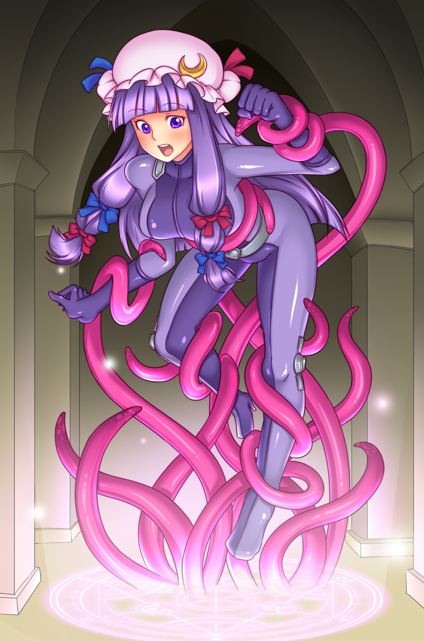 1girl blue_ribbon bodysuit commission commissioner_upload crescent crescent_hat_ornament hair_ribbon hat hat_ornament highres injuotoko long_hair mob_cap patchouli_knowledge purple_eyes purple_hair red_ribbon restrained ribbon struggling tentacles totally_spies touhou