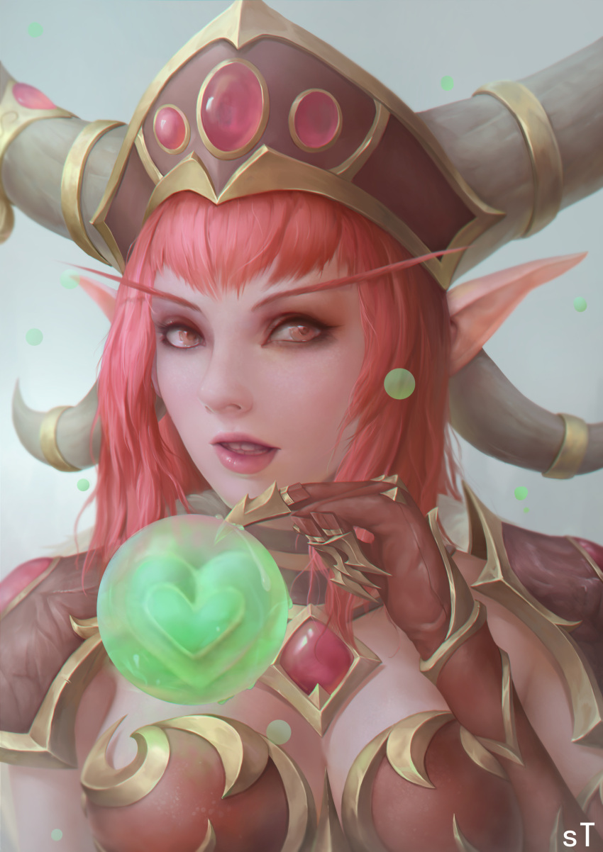 1girl absurdres alexstrasza armor bangs dragon_girl dragon_horns gauntlets gem gold_trim highres horns jewelry monster_girl portrait red_hair shoulder_armor stxlsl warcraft world_of_warcraft