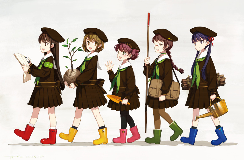 5girls absurdres bag beret black_hair blue_hair boots braid brown_hair child choker closed_eyes compass dated full_body glasses green_neckerchief hair_bun hair_ribbon hat highres long_hair looking_at_another map multiple_girls neckerchief open_mouth original oyari_ashito pantyhose pleated_skirt pole red_hair red_ribbon redrawn ribbon round_eyewear rubber_boots sailor_collar sapling school_uniform shadow short_hair shoulder_bag shovel signature simple_background skirt smile socks stick twintails walking watering_can