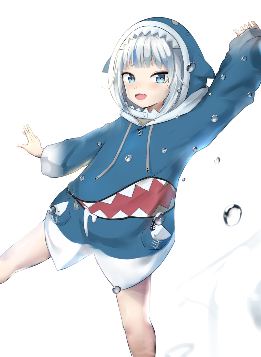 1girl :d animal_hood bangs blue_dress blue_eyes blue_hair blue_hoodie blunt_bangs blush commentary drawstring dress english_commentary gawr_gura highres hololive hololive_english hood hood_up hoodie hoodie_dress leg_up long_sleeves looking_at_viewer multicolored_hair naka_(umomoko) open_mouth outstretched_arms shark_hood sharp_teeth simple_background smile solo standing standing_on_one_leg streaked_hair teeth two-tone_hair virtual_youtuber water_drop white_background white_hair
