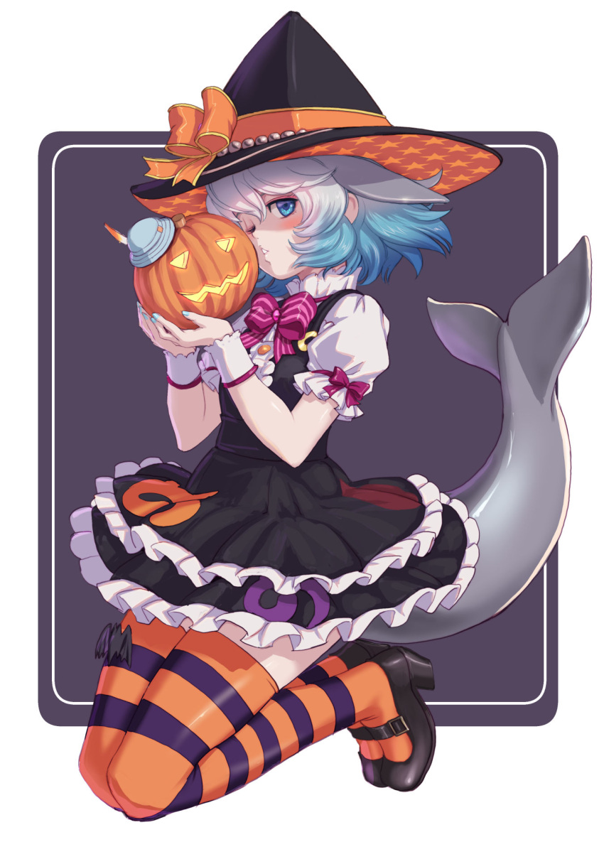 1girl black_dress blue_eyes blue_hair bow bowtie bucket_hat collar commentary common_bottlenose_dolphin_(kemono_friends) dolphin_girl dolphin_tail dress english_commentary eyebrows_visible_through_hair frilled_collar frilled_dress frills hat high_collar highres jack-o'-lantern japari_symbol kemono_friends kemono_friends_3 kosai_takayuki looking_at_viewer multicolored_hair official_alternate_costume one_eye_closed orange_legwear puffy_short_sleeves puffy_sleeves purple_legwear red_bow red_bowtie short_hair short_sleeves sleeve_cuffs solo striped striped_legwear thighhighs two-tone_dress two-tone_legwear white_dress white_hair witch witch_hat zettai_ryouiki
