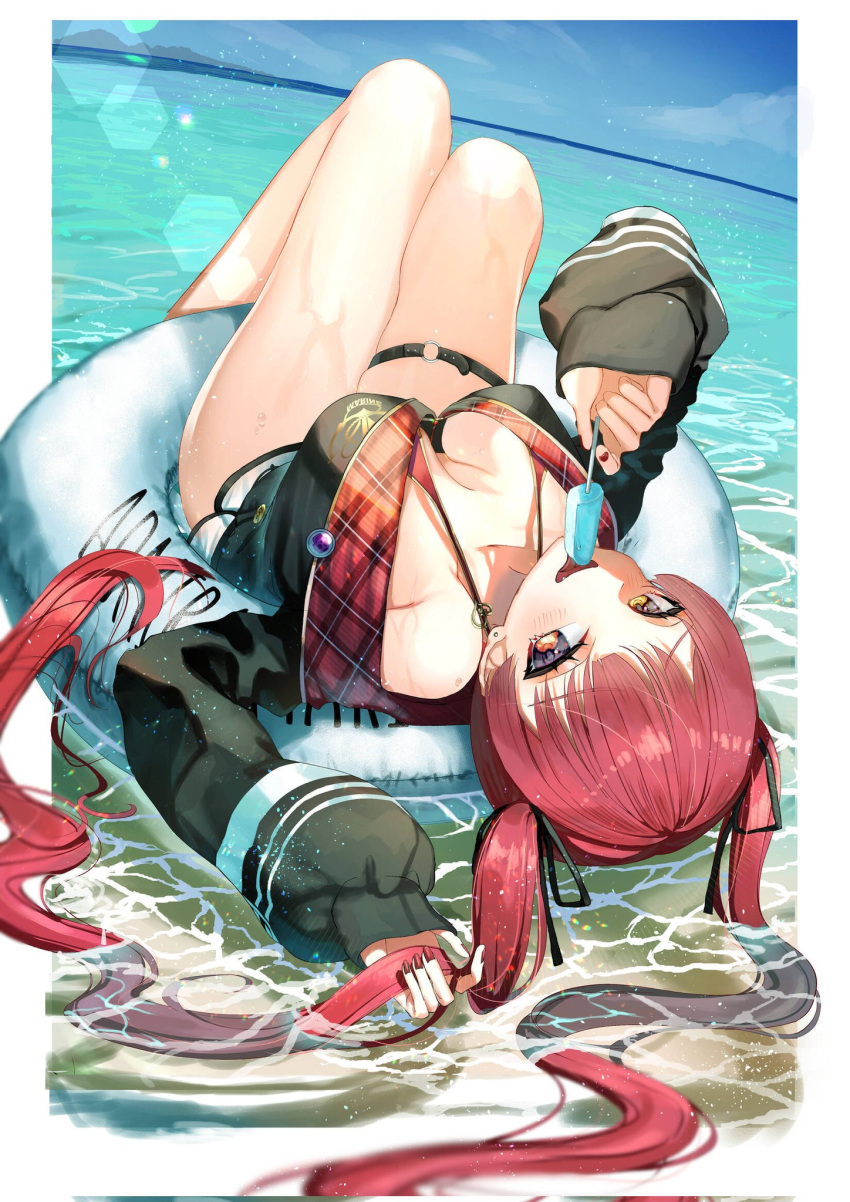 1girl bare_legs bikini bikini_under_clothes breasts cleavage ear_piercing food highres hololive houshou_marine jacket large_breasts legs_together long_sleeves looking_at_viewer multicolored_eyes open_mouth piercing popsicle red_bikini red_eyes red_hair shiinamirin short_shorts shorts smile solo swimsuit thigh_strap twintails upside-down virtual_youtuber wet wet_hair yellow_eyes