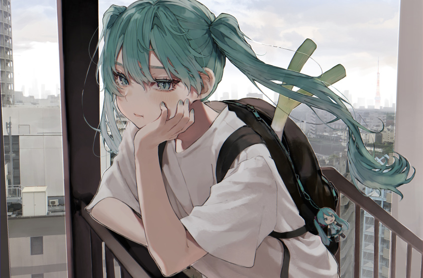 1girl :i absurdres aqua_eyes aqua_nails arm_support backpack bag bag_charm bangs black_bag blush building charm_(object) cheek_rest city cityscape closed_mouth cloud cloudy_sky commentary daluto_(hitomi555) elbow_rest eyelashes fingernails hand_on_own_cheek hand_on_own_face hatsune_miku highres leek light_blush long_hair looking_at_viewer mikudayoo nail_polish outdoors railing rooftop shirt short_sleeves sidelocks sky skyline sleeveless solo spring_onion standing t-shirt tower twintails upper_body vocaloid white_shirt wind zipper_pull_tab