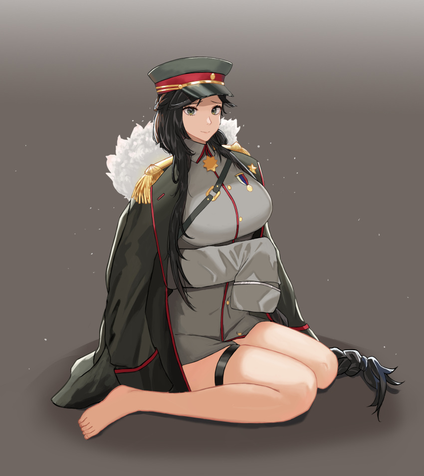 1girl absurdres bare_legs barefoot black_hair braid braided_ponytail breasts closed_mouth eyebrows_visible_through_hair feet full_body fur-trimmed_jacket fur_trim general_liu_(girls'_frontline) girls'_frontline green_eyes green_jacket grey_jacket hanser hat highres jacket large_breasts legs long_hair looking_at_viewer military military_hat military_uniform mole mole_under_eye no_shoes simple_background sitting smile solo thighs uniform