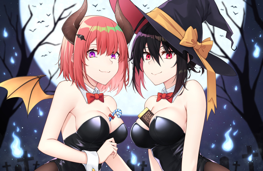 2girls :3 bangs bare_shoulders bare_tree bat between_breasts black_hair black_leotard bow bowtie breasts candy candy_cane chocolate commentary detached_collar food full_moon hair_between_eyes hair_ornament hairclip halloween hat hat_ribbon healther highres hitodama horns large_breasts leotard looking_at_viewer moon multiple_girls night orange_ribbon original purple_eyes red_bow red_bowtie red_eyes red_hair ribbon short_hair smile tombstone tree wings witch_hat wrist_cuffs