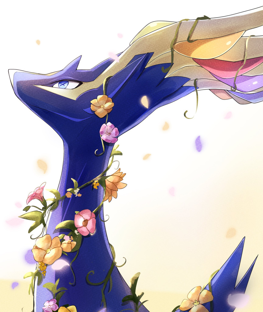 blue_eyes blurry commentary_request flower from_side goma_(nabepa_nabepa) highres looking_up no_humans pink_flower pokemon pokemon_(creature) solo upper_body xerneas yellow_flower