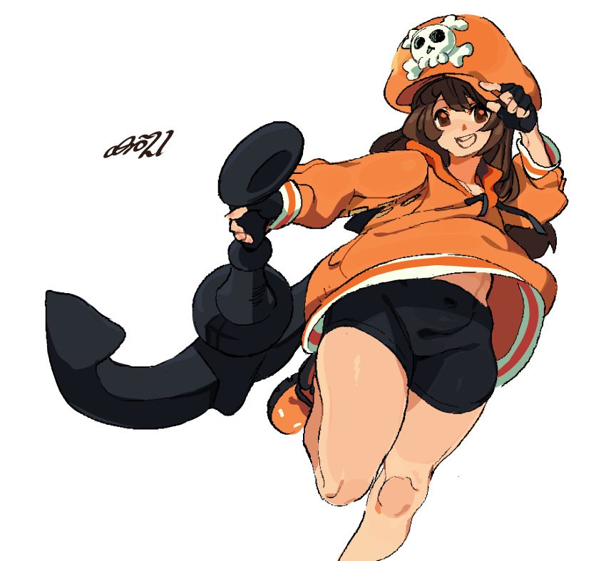 1girl absurdres anchor arm_up artist_name bangs black_shorts brown_eyes brown_hair guilty_gear guilty_gear_strive hat highres holding holding_anchor hood hood_down hoodie leg_up long_hair may_(guilty_gear) open_mouth orange_footwear orange_headwear orange_hoodie pirate_hat shoes shorts simple_background skull_and_crossbones smile solo white_background whoopsatro