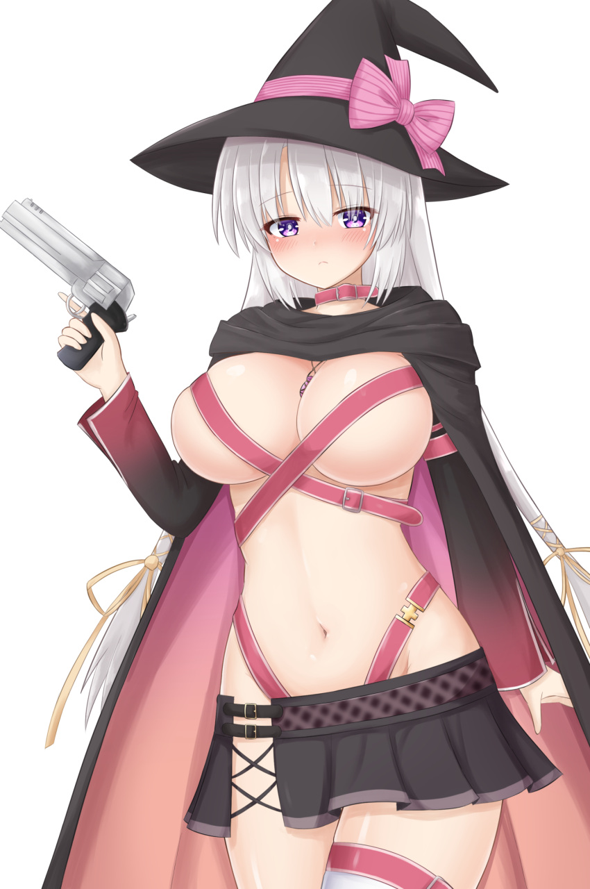 1girl :c arm_behind_back ayachi_nene bangs belt belt_buckle black_headwear black_skirt blush bow breasts buckle cape cleavage closed_mouth eyebrows eyebrows_visible_through_hair gun hair_between_eyes handgun hat hat_bow highres holding holding_gun holding_weapon jewelry large_breasts long_hair multicolored_cape multicolored_clothes navel necklace object_on_breast pink_bow pleated_skirt purple_eyes red_belt revolver sanoba_witch silver_hair skirt solo standing striped striped_bow weapon witch_hat yuunagi_(yunagi1373)