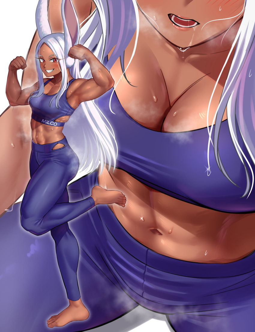 1girl abs absurdres animal_ears bare_shoulders blush boku_no_hero_academia breasts brown_eyes cleavage commentary_request dark-skinned_female dark_skin eyebrows_visible_through_hair flexing grin highres long_hair looking_at_viewer medium_breasts midriff mirko multiple_views muscular muscular_female navel open_mouth pose rabbit_ears rabbit_girl sleeveless smile sports_bra standing standing_on_one_leg sweat teeth toin_(koto54576897) tongue white_hair