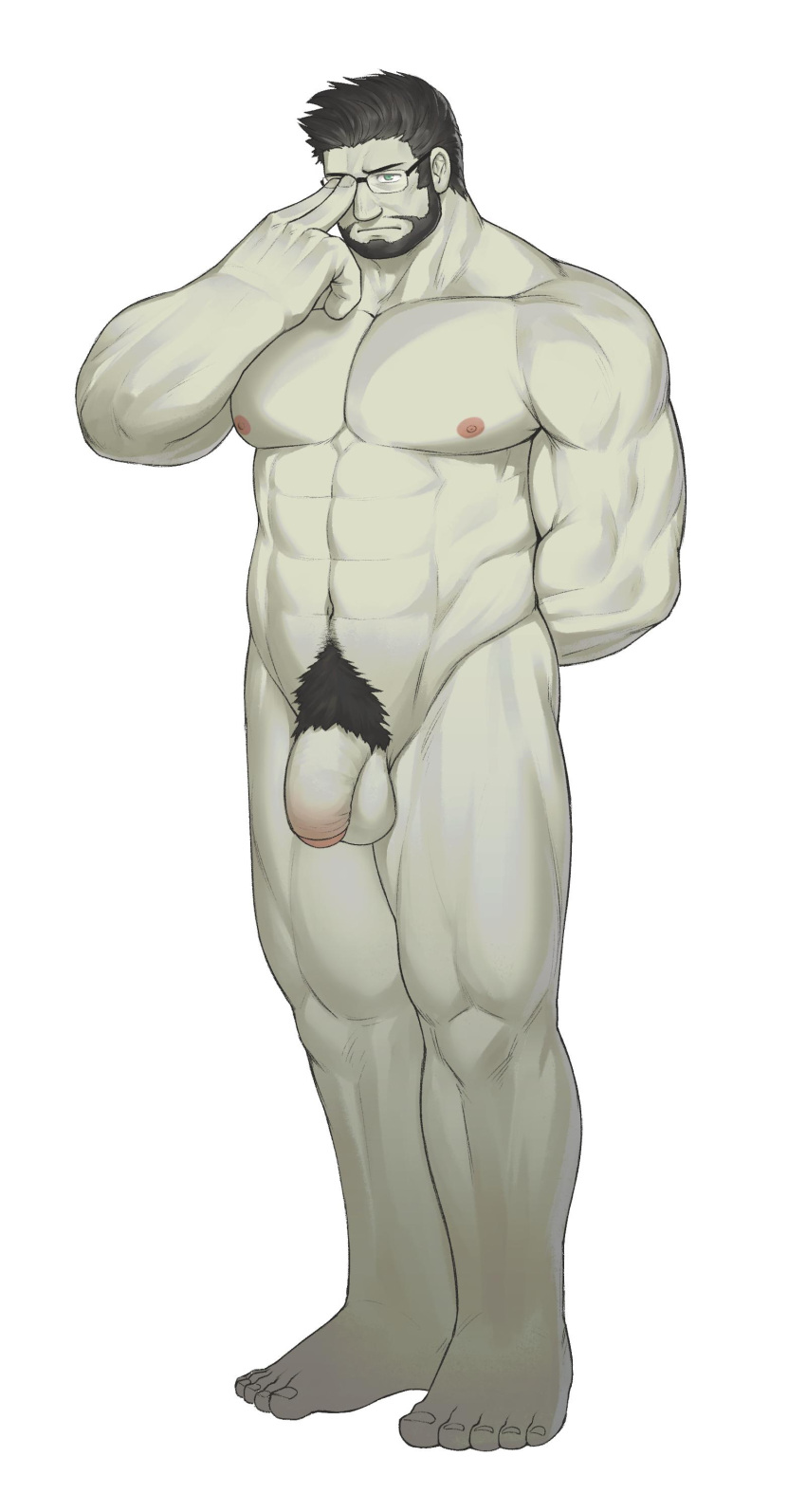 1boy abs absurdres adjusting_eyewear avatar_(ffxiv) bara beard colored_skin commission completely_nude dobito_mn facial_hair final_fantasy flaccid full_body glasses green_skin highres jewelry large_pectorals male_focus mature_male muscular muscular_male necklace nude original pectorals roegadyn short_hair solo