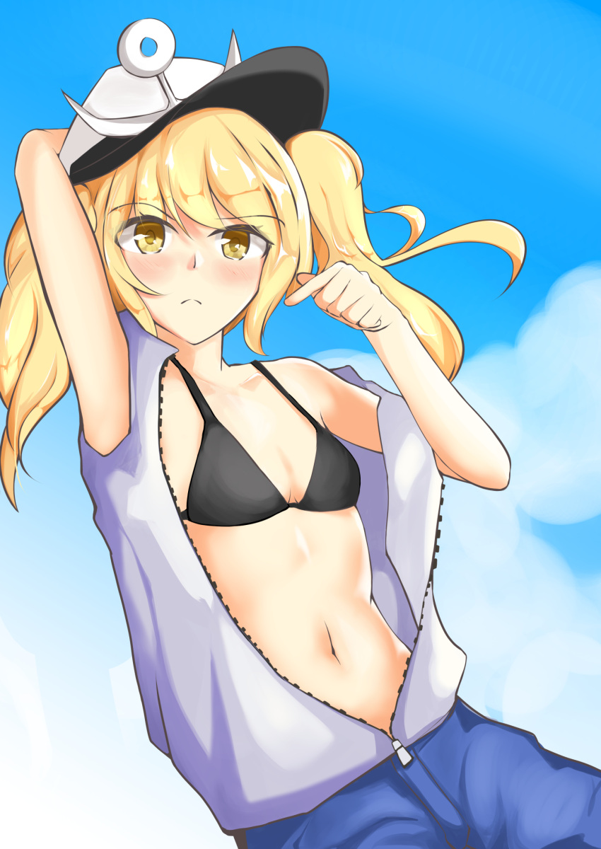 1girl alternate_costume anchor black_bra blonde_hair blue_shorts blush bra cloud dutch_angle eyebrows_visible_through_hair hat highres jacket kitashirakawa_chiyuri looking_at_viewer midriff navel sailor_hat senri_meruto shorts sky sleeveless sleeveless_jacket stomach touhou touhou_(pc-98) underwear unzipped white_hair yellow_eyes