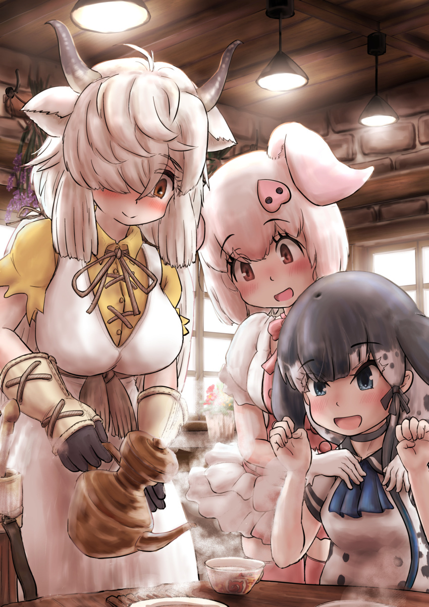 3girls :d absurdres animal_ears antenna_hair ascot bangs behind_another black_hair black_horns blowhole blue_eyes blush bow bowtie brown_eyes closed_mouth collared_shirt commentary_request cup day dress drink eyebrows_visible_through_hair eyelashes eyes_visible_through_hair gloves grey_hair hair_ornament hair_over_one_eye hands_on_another's_shoulders hands_up highres holding horns indoors kemono_friends kemono_friends_3 long_hair medium_hair multicolored_hair multicolored_horns multiple_girls narwhal_(kemono_friends) neck_ribbon open_mouth ox_ears ox_horns pig_(kemono_friends) pig_ears pink_hair ribbon shirt short_sleeves side_ponytail smile steam table teriiman thighhighs very_long_hair white_hair window wing_collar yak_(kemono_friends) yellow_shirt zettai_ryouiki