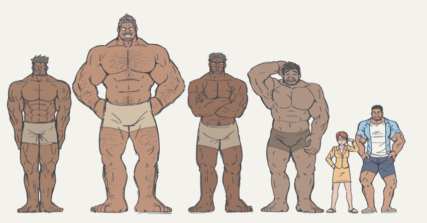 1girl 5boys abs arm_hair bara blue_shorts brown_shorts bulge chest_hair crossed_arms dark-skinned_male dark_skin denim denim_shorts dobito_mn facial_hair fangs full_body giant giant_male grin hairy height_difference highres large_pectorals leg_hair looking_at_viewer male_focus mature_male multiple_boys muscular muscular_male mustache navel navel_hair no_nipples orc original pectorals short_hair shorts sideburns size_difference smile standing stomach stubble thick_thighs thighs topless_male unfinished