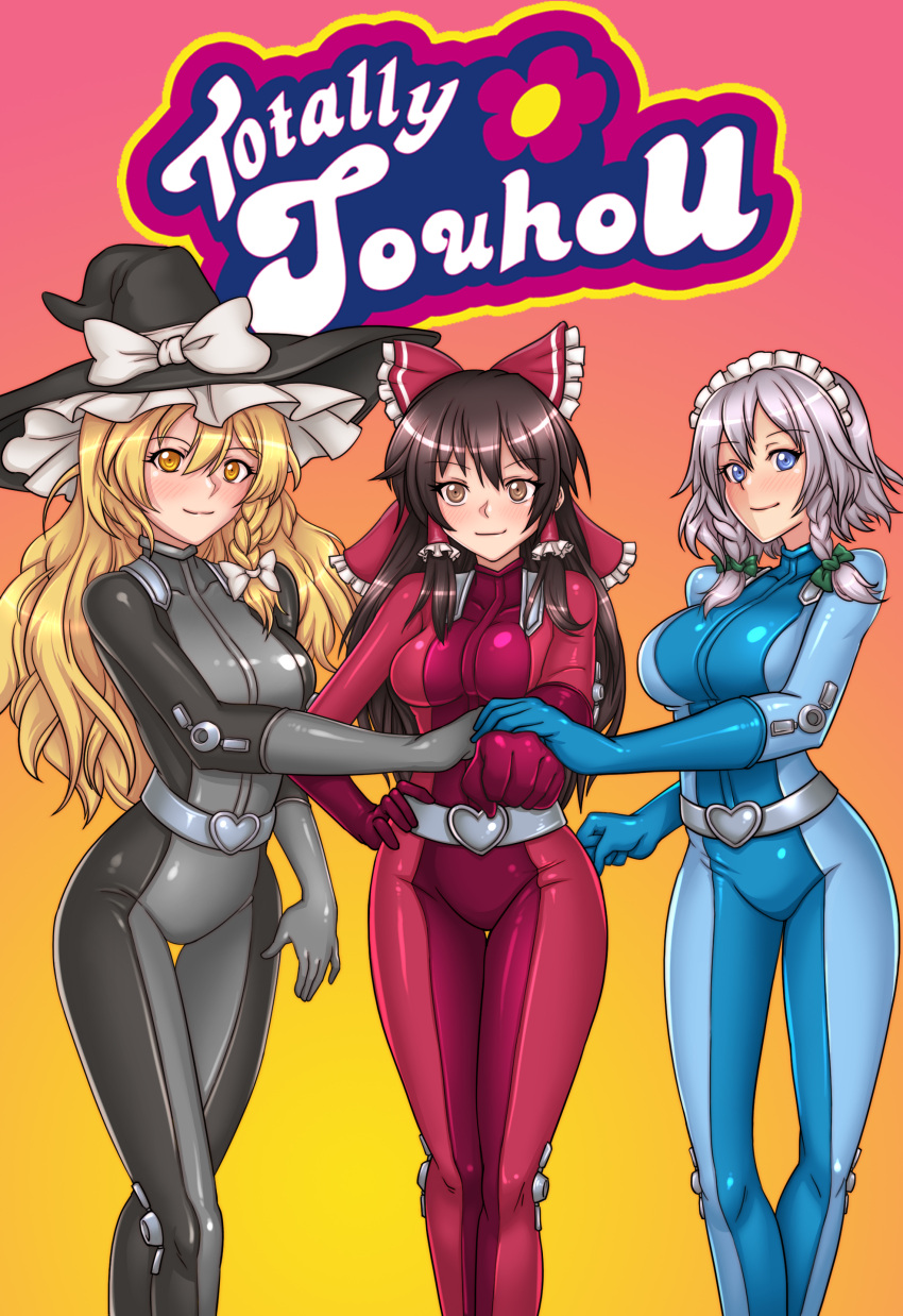 3girls absurdres belt blonde_hair blue_eyes bodysuit braid brown_eyes brown_hair commission commissioner_upload hair_tubes hakurei_reimu hat highres injuotoko izayoi_sakuya kirisame_marisa maid_headdress multiple_girls ribbon silver_hair smile totally_spies touhou witch_hat yellow_eyes