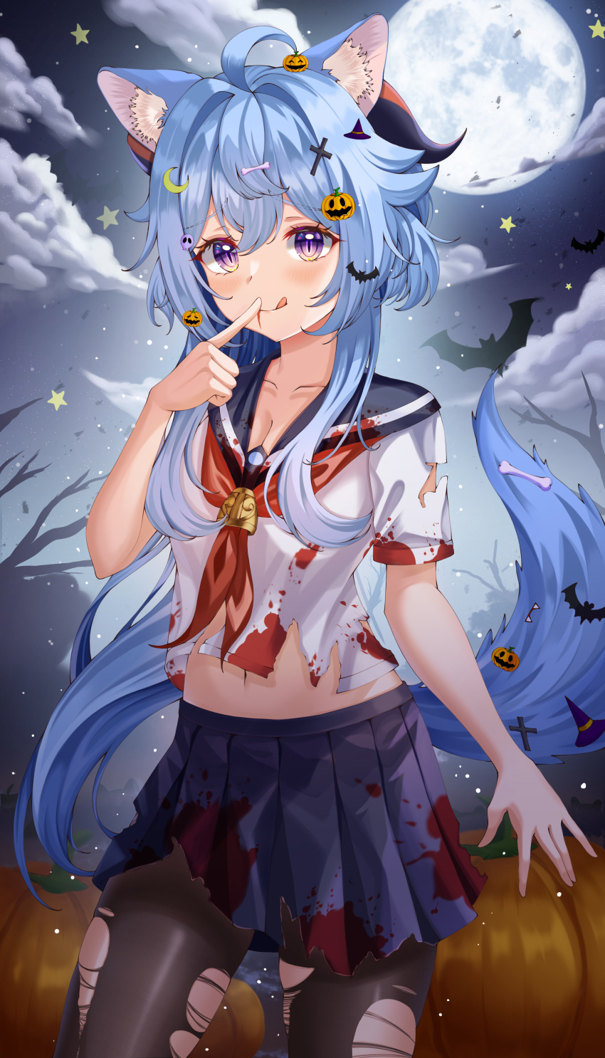1girl :q absurdres ahoge animal_ear_fluff animal_ears bat bat_hair_ornament blood blood_from_mouth blood_on_clothes blue_hair blue_sailor_collar blue_skirt blush bone_hair_ornament brown_legwear cloud collarbone commentary_request crescent crescent_hair_ornament cross_hair_ornament finger_to_mouth full_moon ganyu_(genshin_impact) genshin_impact goat_horns hair_ornament highres horns jack-o'-lantern jack-o'-lantern_hair_ornament long_hair looking_at_viewer midriff moon navel night night_sky pantyhose pumpkin purple_eyes sailor_collar school_uniform serafuku shirt short_sleeves siru skirt sky slit_pupils solo star_(symbol) tail tail_raised tongue tongue_out torn_clothes torn_legwear torn_shirt very_long_hair white_shirt