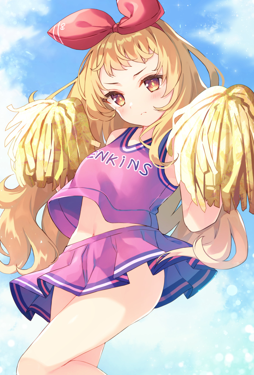 1girl alternate_costume azur_lane belly blonde_hair blush bow cheerleader commentary_request commission hair_bow highres jenkins_(azur_lane) long_hair looking_at_viewer miyanome navel pom_pom_(cheerleading) skeb_commission sky solo yellow_eyes