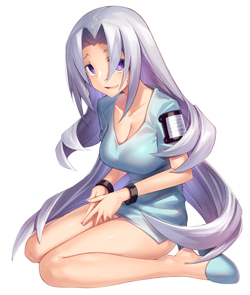 1girl absurdres azure_striker_gunvolt bangs blue_shirt breasts cleavage collarbone elise_(gunvolt) grey_hair highres kei_(soundcross) large_breasts long_hair looking_at_viewer open_mouth parted_bangs purple_eyes sandals shirt simple_background sitting smile wariza white_background wristband