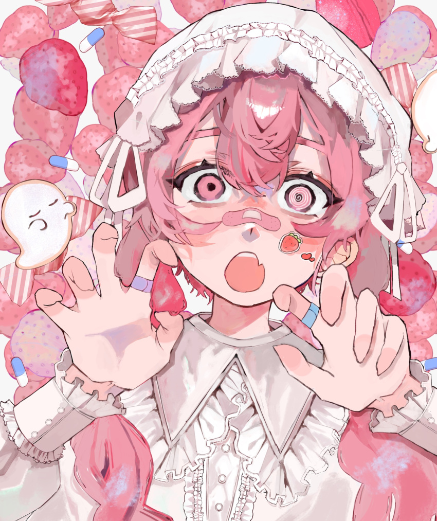 1boy androgynous aoao_suke bandaid bandaid_on_hand claw_pose food frilled_hairband frilled_skirt frilled_sleeves frills fruit ghost hair_between_eyes hairband highres long_sleeves maid male_focus medicine open_mouth original pink_eyes pink_theme short_hair skirt solo sticker strawberry surprised