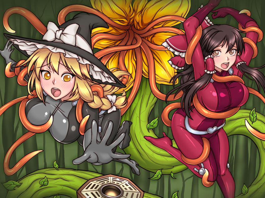 2girls belt blonde_hair bodysuit braid brown_eyes brown_hair carnivorous_plant commission commissioner_upload hair_ribbon hair_tubes hakurei_reimu hat highres imminent_vore injuotoko kirisame_marisa mini-hakkero multiple_girls open_mouth plant ribbon tentacles totally_spies touhou tress_ribbon witch_hat yellow_eyes