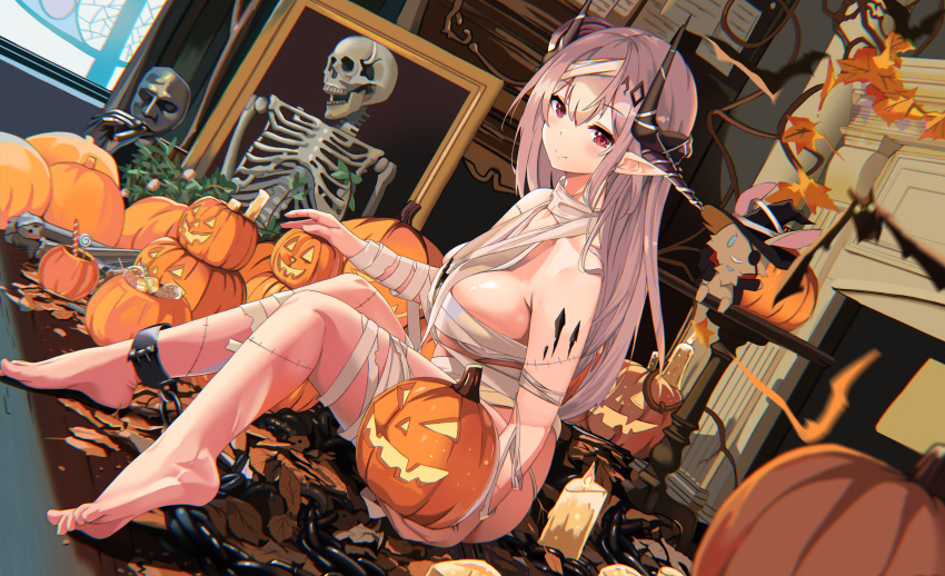 1girl absurdres arknights armor_removed auguste barefoot breasts candle candy commentary cuffs demon_girl demon_horns english_commentary eyepatch food halloween halloween_bucket hat highres horns jack-o'-lantern large_breasts mudrock_(arknights) mummy_costume oripathy_lesion_(arknights) pointy_ears pumpkin rags shackles skeleton solo stitches stuffed_animal stuffed_bunny stuffed_toy trick_or_treat witch_hat
