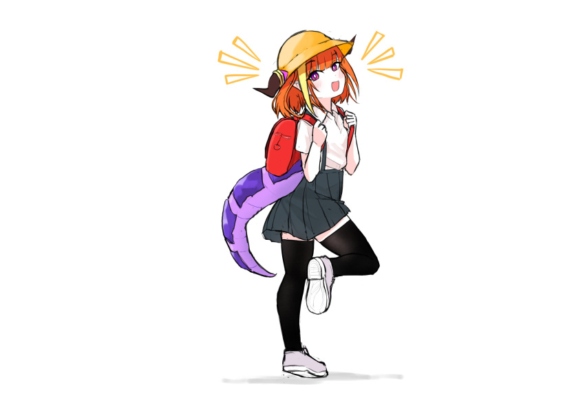 1girl absurdres backpack bag bangs black_legwear black_skirt blonde_hair blunt_bangs collared_shirt commentary_request dragon_girl dragon_horns full_body hat highres hololive horns kiryu_coco medium_hair multicolored_hair notice_lines orange_hair pleated_skirt pointy_ears purple_eyes red_bag ryoshi school_hat shirt shoes skirt sneakers solo streaked_hair tail thighhighs virtual_youtuber white_footwear white_shirt younger