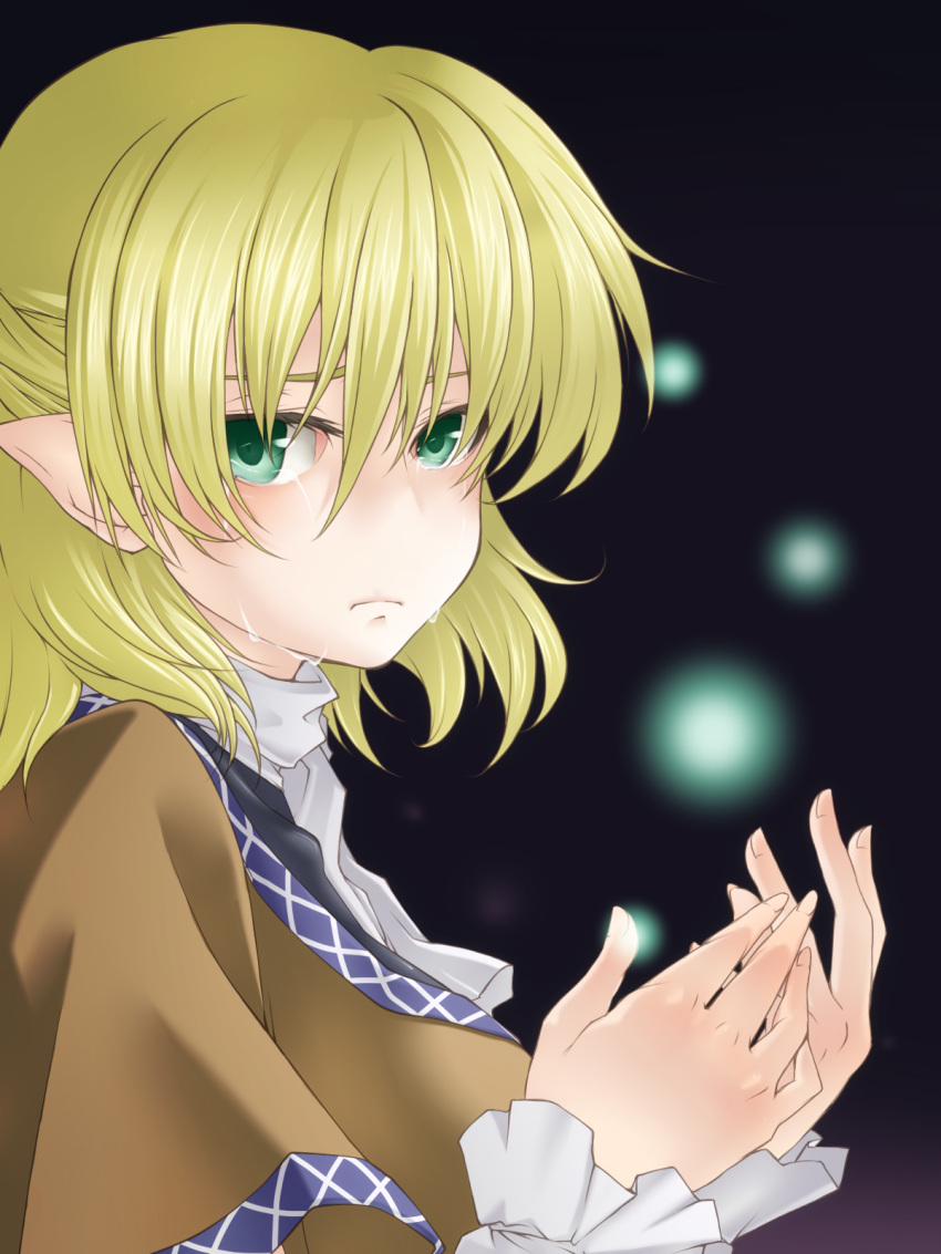 1girl arm_warmers bangs black_shirt blonde_hair breasts brown_jacket closed_mouth commentary_request crying crying_with_eyes_open green_eyes hair_between_eyes half_updo highres jacket looking_at_viewer medium_breasts mizuhashi_parsee multicolored_clothes multicolored_jacket orippa pointy_ears scarf shirt short_hair short_sleeves solo tears touhou upper_body white_scarf