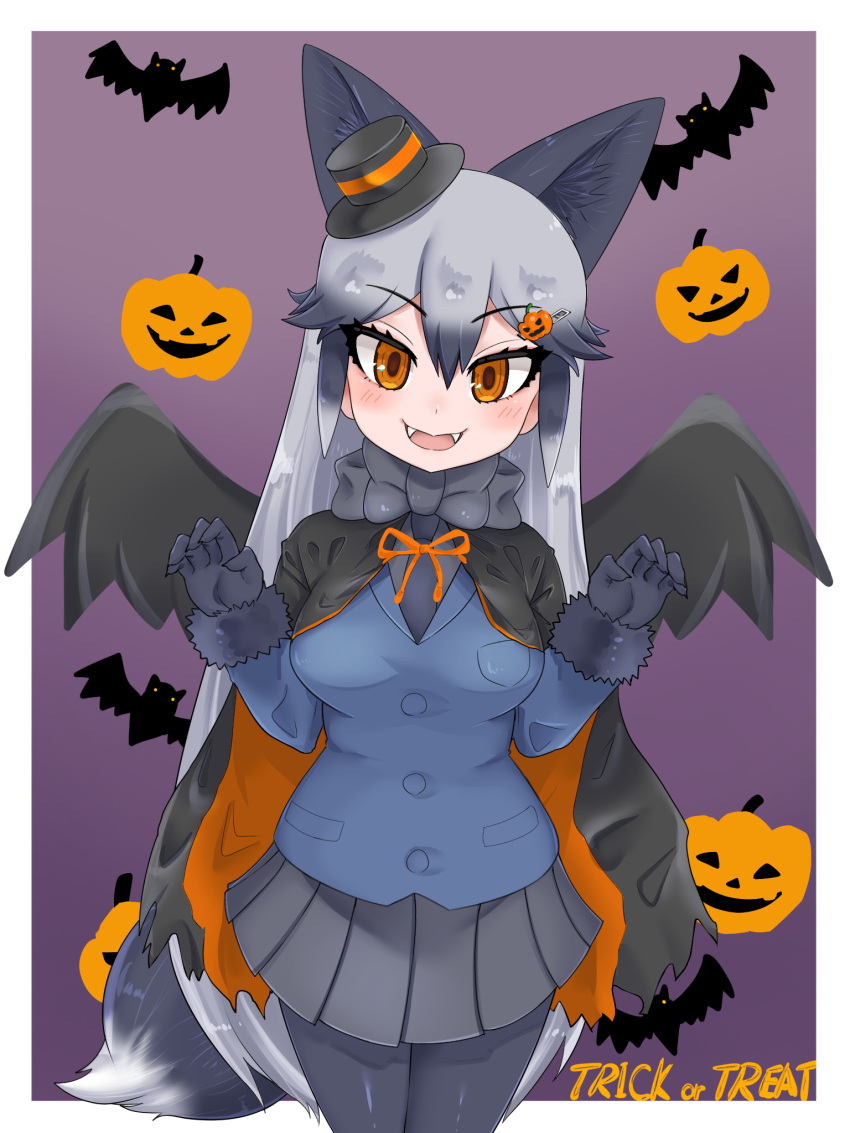 1girl :d animal_ears aramaru bat_wings black_bow black_bowtie black_cape black_fur black_gloves black_hair black_legwear blue_jacket bow bowtie cape claw_pose commentary_request cowboy_shot dracula extra_ears fangs food-themed_hair_ornament fox_ears fox_girl fox_tail fur_trim gloves grey_hair grey_skirt hair_ornament hairclip halloween hat highres jacket kemono_friends long_hair long_sleeves multicolored_hair neck_ribbon necktie orange_cape orange_ribbon pantyhose pleated_skirt pumpkin_hair_ornament ribbon silver_fox_(kemono_friends) silver_hair skirt smile solo tail two-tone_cape vampire_costume wings