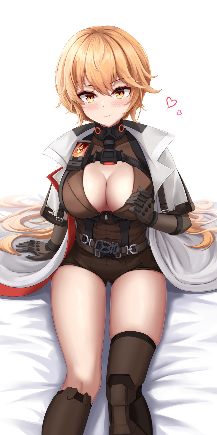 1girl absurdres breasts brown_legwear brown_shorts daisy_cutter girls'_frontline girls'_frontline_2:_exilium highres large_breasts light_brown_eyes light_brown_hair long_hair ots-14_(girls'_frontline) short_shorts shorts single_thighhigh sitting solo thighhighs very_long_hair