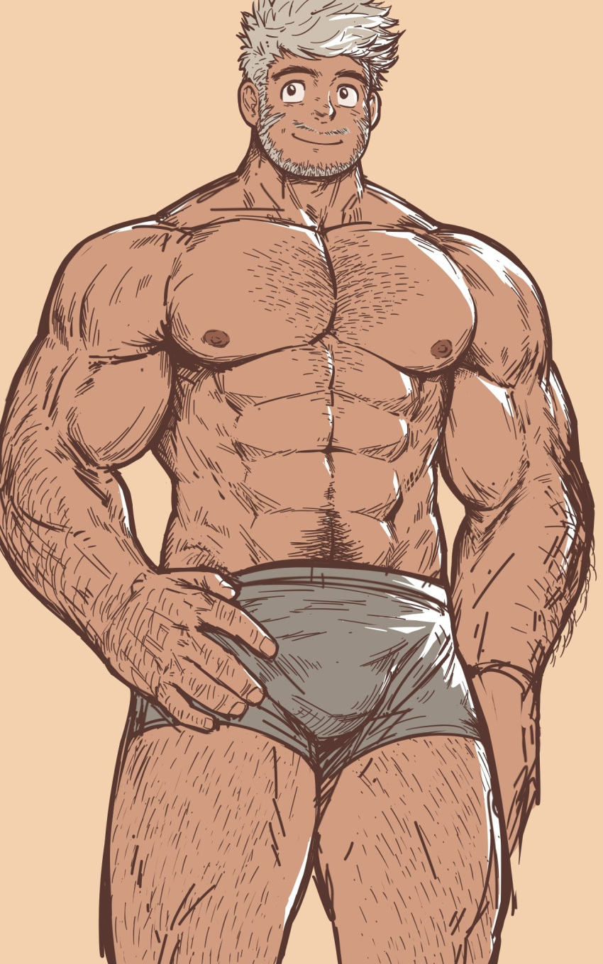 1boy abs arm_hair bara beard boxers bulge chest_hair dark-skinned_male dark_skin dobito_mn facial_hair feet_out_of_frame grey_male_underwear hairy highres large_pectorals leg_hair looking_at_viewer male_focus male_underwear mature_male muscular muscular_male navel navel_hair nipples original pectorals short_hair sideburns silver_hair smile solo stomach stubble thick_thighs thighs topless_male underwear underwear_only veins