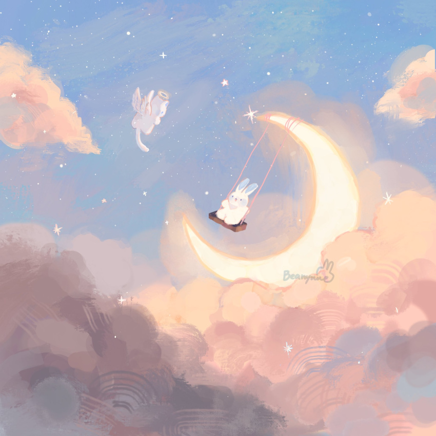 animal animal_focus artist_name beanynne bunny cloud crescent_moon day flying halo highres moon no_humans original outdoors sky star_(sky) starry_sky surreal swing swinging too_many too_many_bunnies wings