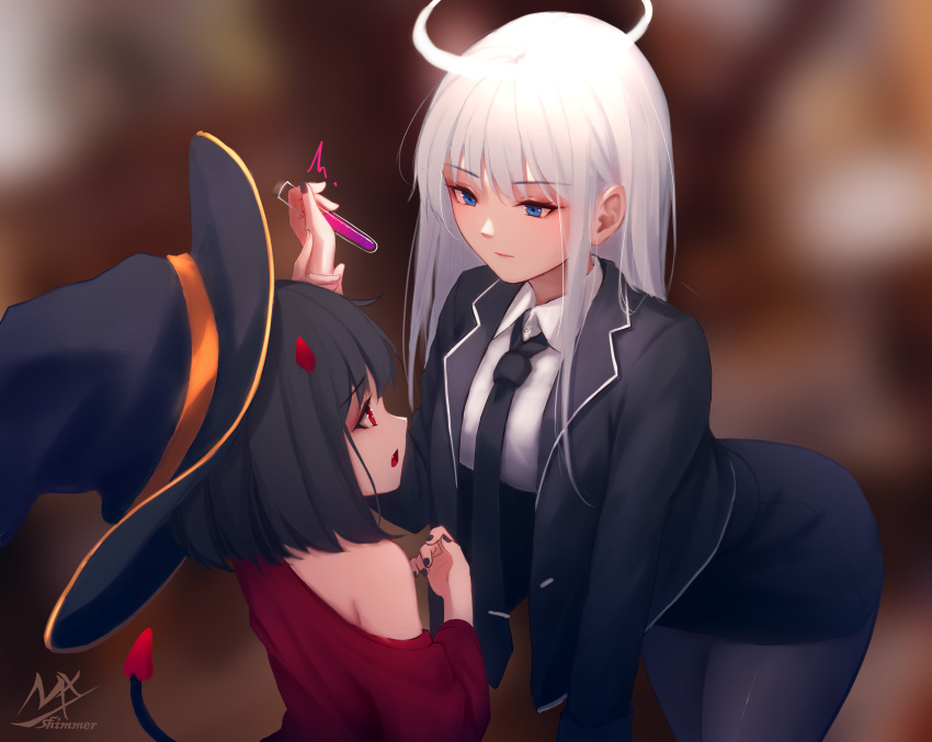 2girls angel angel_and_devil angel_girl_(shimmer) arm_up artist_name bangs bent_over black-haired_demon_girl_(shimmer) black_hair black_headwear black_necktie black_skirt blue_eyes blurry blurry_background collared_shirt demon_girl demon_horns demon_tail eyebrows_visible_through_hair halo hat highres holding holding_another's_wrist horns long_hair looking_at_another medium_hair multiple_girls necktie original pantyhose potion red_horns red_shirt shimmer shirt signature skirt smile symbol-only_commentary tail white_hair white_shirt witch_hat younger yuri