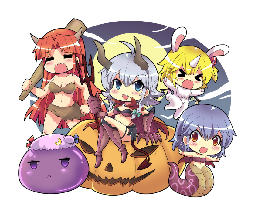 &gt;_&lt; 5girls :d :x =_= ahoge alternate_costume animal_costume animal_ears bangs bat_wings blonde_hair blue_eyes blue_ribbon blush braid breasts bunny_costume cleavage club_(weapon) collarbone colonel_aki crescent crescent_hat_ornament crystal demon_girl demon_horns demon_tail demon_wings english_commentary flandre_scarlet green_ribbon hair_ribbon halloween halloween_costume hat hat_ornament hat_ribbon high_heels holding holding_polearm holding_weapon hong_meiling horns izayoi_sakuya jack-o'-lantern kneehighs large_breasts long_hair mob_cap multiple_girls navel oni_costume patchouli_knowledge paw_print_palms polearm purple_eyes purple_hair rabbit_ears rabbit_tail red_eyes red_hair red_ribbon remilia_scarlet ribbon sharp_teeth short_hair siblings silver_hair simple_background single_horn sisters sitting smile snake standing stomach tail teeth touhou tress_ribbon trident twin_braids upper_teeth vampire_costume weapon white_background wings xd