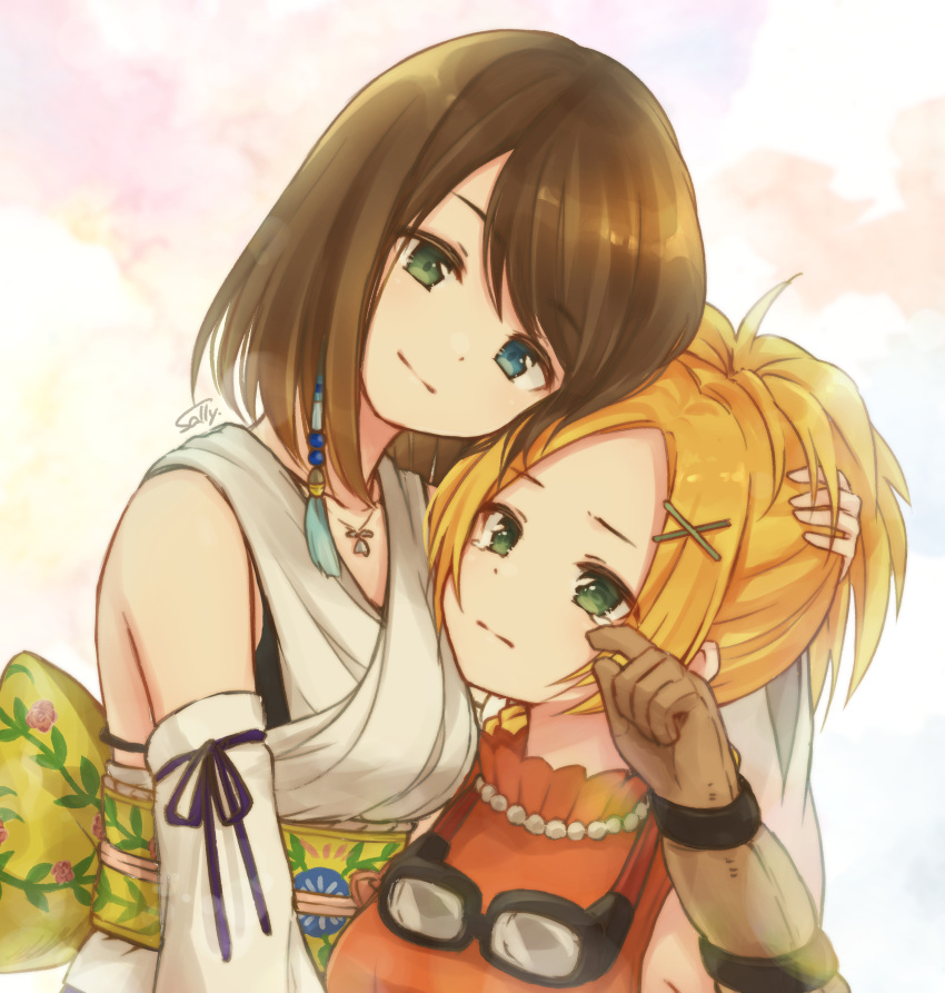 2girls absurdres blonde_hair blue_eyes brown_hair closed_mouth detached_sleeves final_fantasy final_fantasy_x gloves green_eyes hair_ornament hairclip heterochromia highres japanese_clothes jewelry multiple_girls necklace rikku sally_(pacch0614) short_hair smile tearing_up x_hair_ornament yuna_(ff10)