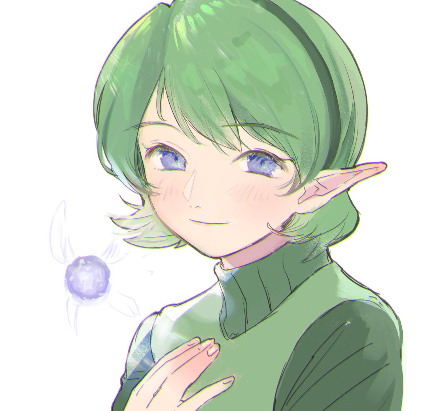 1girl bangs blue_eyes blush eyebrows_visible_through_hair fujie-yz green_eyes green_hairband hairband hand_on_own_chest highres kokiri looking_at_viewer navi portrait saria_(the_legend_of_zelda) short_hair simple_background smile the_legend_of_zelda the_legend_of_zelda:_ocarina_of_time white_background