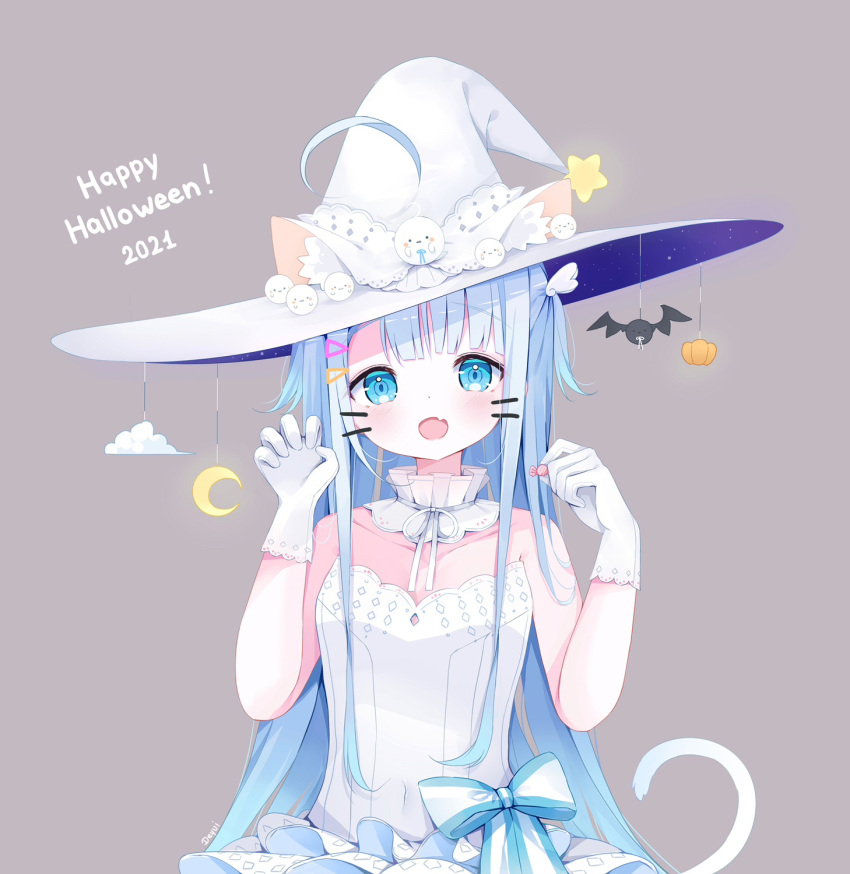 ahoge amatsuka_uto animal_ear_fluff animal_ears arms_up bangs bat_ornament blue_eyes blush breasts candy cat_ears cat_tail claw_pose cloud collarbone crescent crescent_hat_ornament deyui drawn_whiskers dress fang food gloves hair_ornament hairclip happy_halloween hat hat_ornament highres holding holding_candy holding_food indie_virtual_youtuber layered_dress open_mouth pumpkin_hat_ornament ribbon skin_fang small_breasts star_(symbol) star_hat_ornament starry_sky_print tail tan_background tenshimp two_side_up virtual_youtuber white_dress white_gloves white_headwear wing_hair_ornament witch_hat wrapped_candy