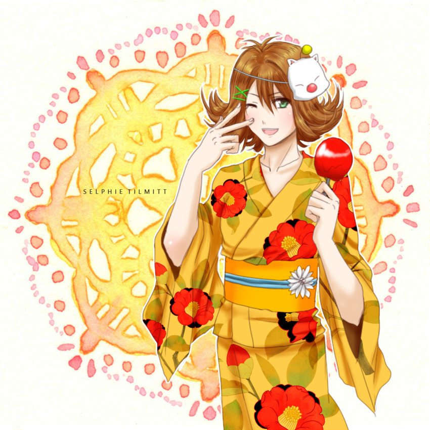 1girl brown_hair candy_apple final_fantasy final_fantasy_viii flipped_hair food green_eyes highres japanese_clothes kimono looking_at_viewer mask moogle one_eye_closed open_mouth selphie_tilmitt short_hair smile solo spirasen
