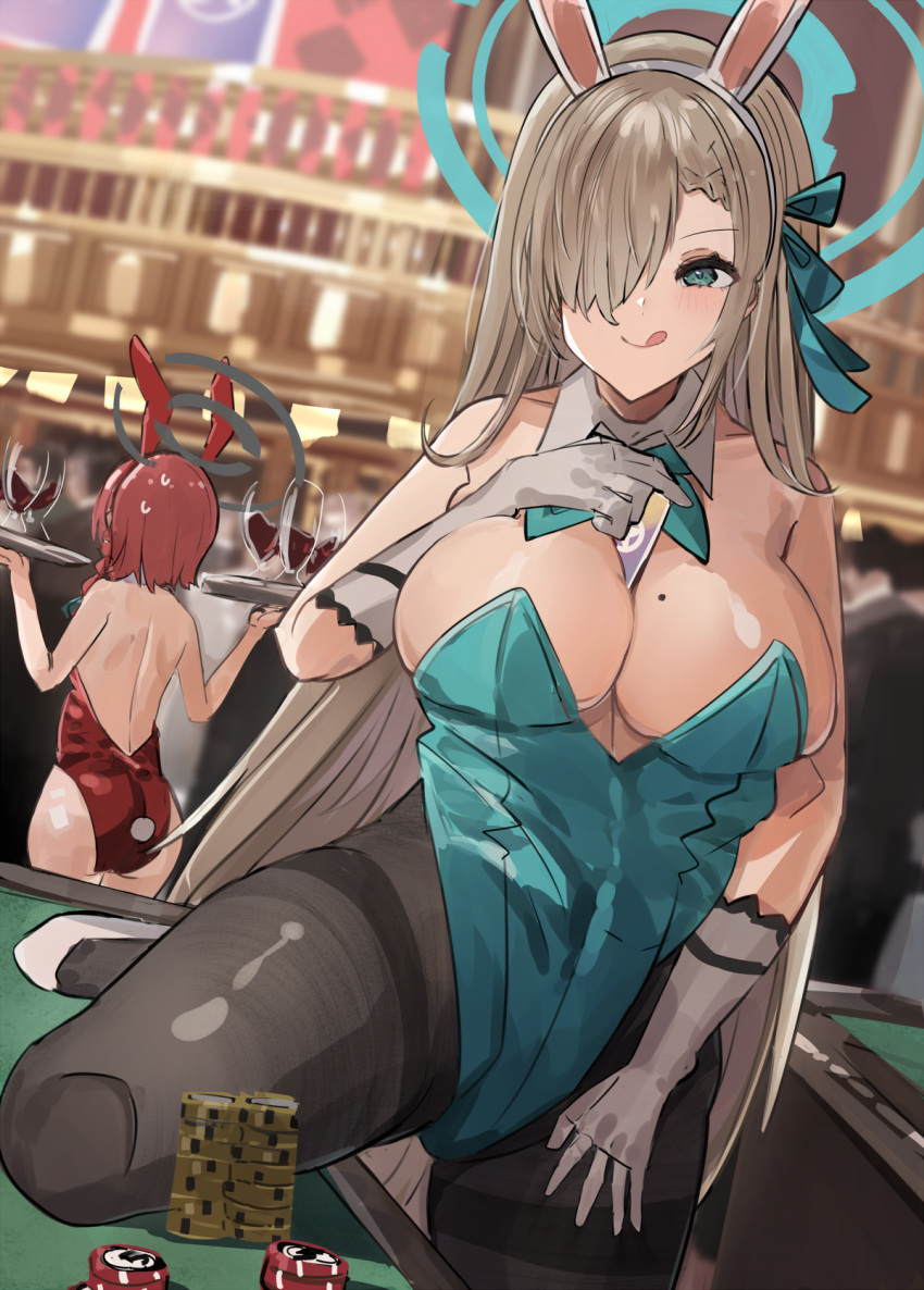 2girls :q animal_ears aqua_bow aqua_bowtie aqua_leotard ass asuna_(blue_archive) backless_leotard bare_shoulders between_breasts blonde_hair blue_archive blue_bow blurry blurry_background bow bowtie breasts card casino casino_card_table cleavage collar covered_navel cup detached_collar drinking_glass fake_animal_ears gloves green_eyes groin hair_over_one_eye hair_over_shoulder halo hand_on_own_thigh hands_up headband highleg highleg_leotard highres holding holding_tray large_breasts leg_up leotard long_hair looking_at_viewer mole mole_on_breast multiple_girls neru_(blue_archive) official_alternate_costume pantyhose playboy_bunny rabbit_tail red_headband red_leotard sidelocks strapless strapless_leotard sweat tail the_olphy thick_thighs thighs tongue tongue_out tray very_long_hair white_collar white_footwear white_gloves white_headband wine_glass