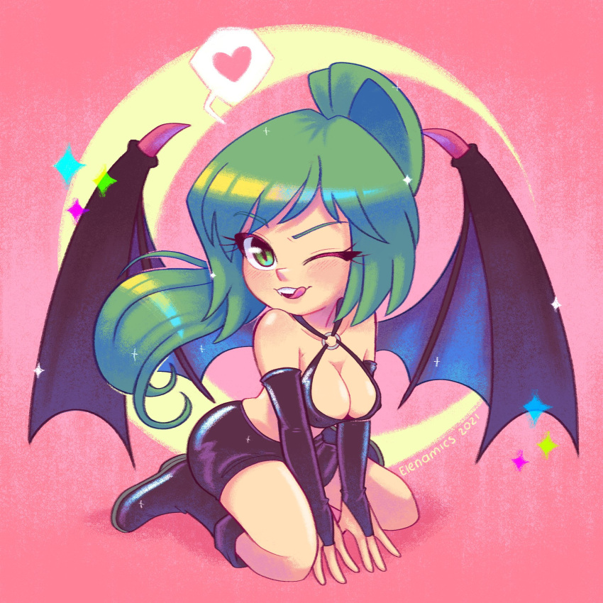 black_footwear boots demon_girl elenamics green_hair heart highres one_eye_closed open_mouth original wings