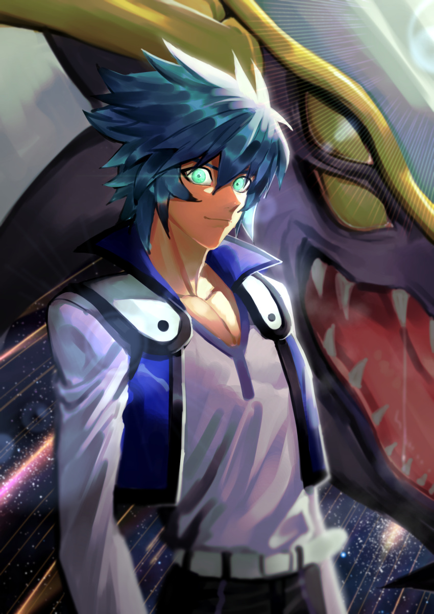 1boy bangs belt dragon duel_academy_uniform_(yu-gi-oh!_gx) duel_monster eye_trail feet_out_of_frame glowing glowing_eyes green_eyes green_hair hair_between_eyes highres johan_andersen looking_at_viewer male_focus rainbow_dragon sangae short_hair smile solo_focus sunlight white_belt yu-gi-oh! yu-gi-oh!_gx