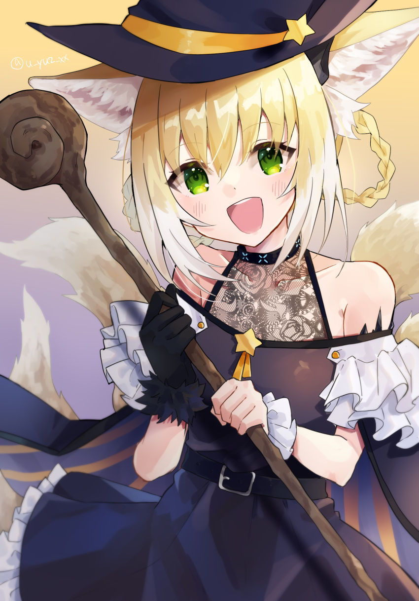 1girl :d alternate_costume animal_ear_fluff animal_ears arknights bangs bare_shoulders belt belt_buckle black_cape black_dress black_gloves black_headwear blush braid buckle cape collarbone cowboy_shot dress eyebrows_visible_through_hair fox_ears fox_girl fox_tail frilled_dress frilled_sleeves frills fur-trimmed_gloves fur_trim gloves gradient gradient_background green_eyes hair_rings hat highres holding holding_staff looking_at_viewer multiple_tails open_mouth oripathy_lesion_(arknights) purple_background short_sleeves single_glove smile solo staff star_(symbol) striped_cape suzuran_(arknights) tail twitter_username u_yuz_xx witch_hat wrist_cuffs yellow_background